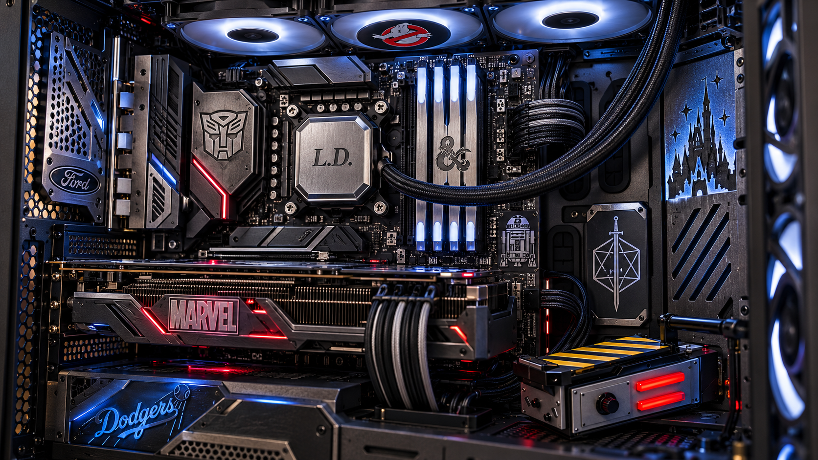 Lowell's custom computer interior: an L.D. processor surrounded by details for Ford, Dungeons and Dragons, Marvel, the Dodgers, Ghostbusters, and more.